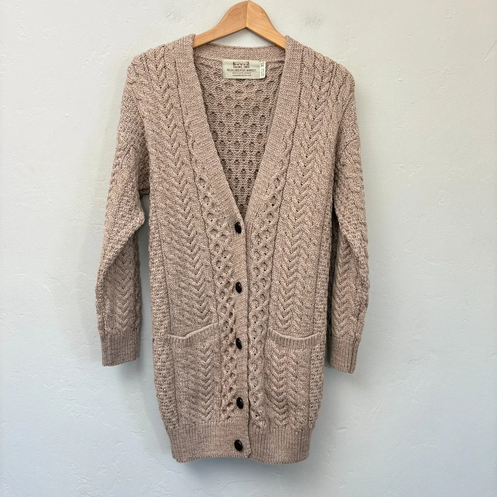 Aran Sweater Market Merino Wool Cardigan Men Sz XS Beige Button Down Cable Knit